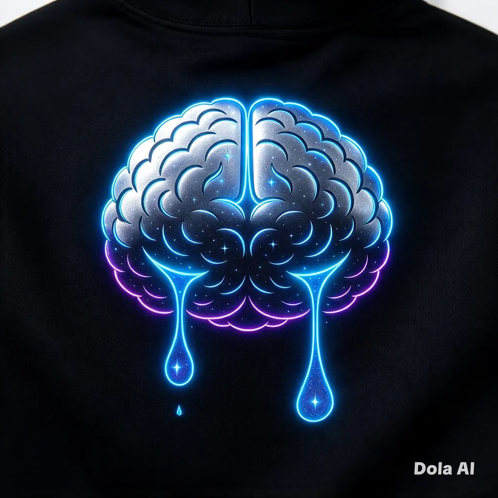 Black hoodie with the glowing cyan and violet Crying Brain logo on the back