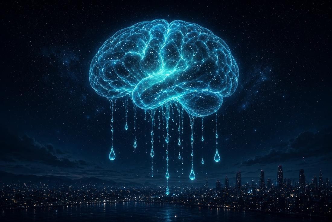 A glowing cyan brain over a night city, its tears falling toward the lights