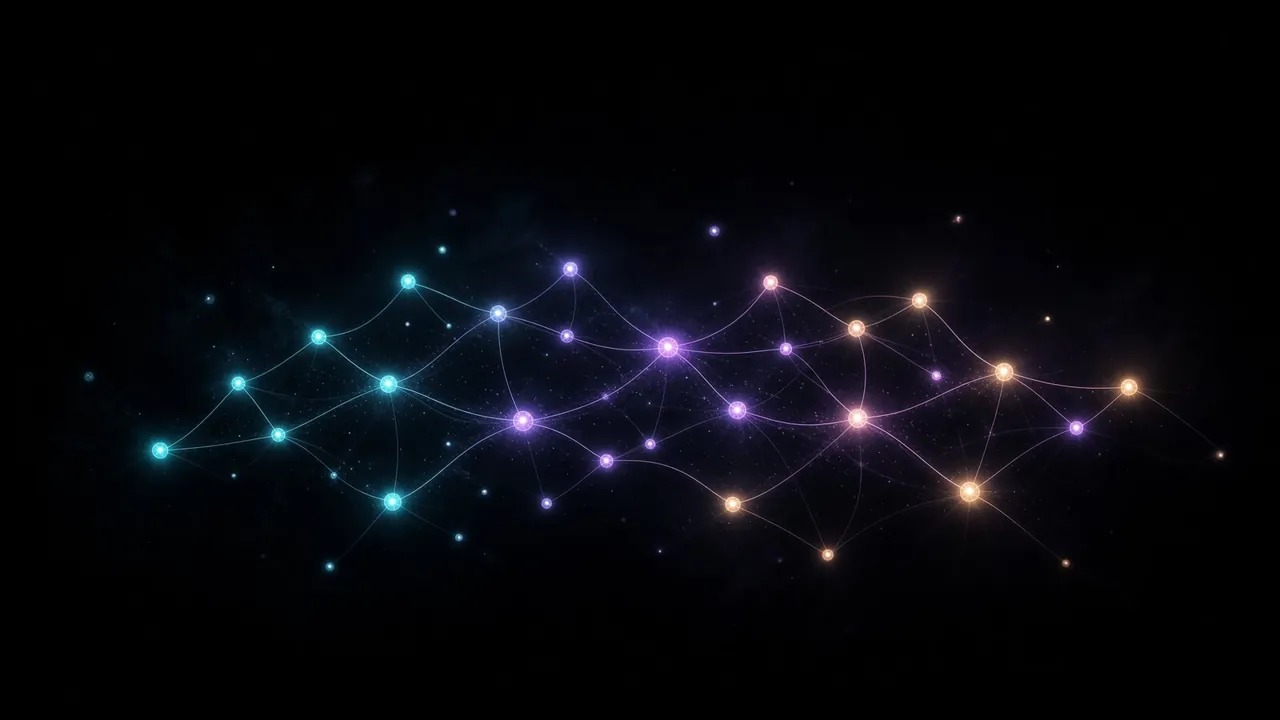 Connected turquoise and violet lights forming a constellation.
