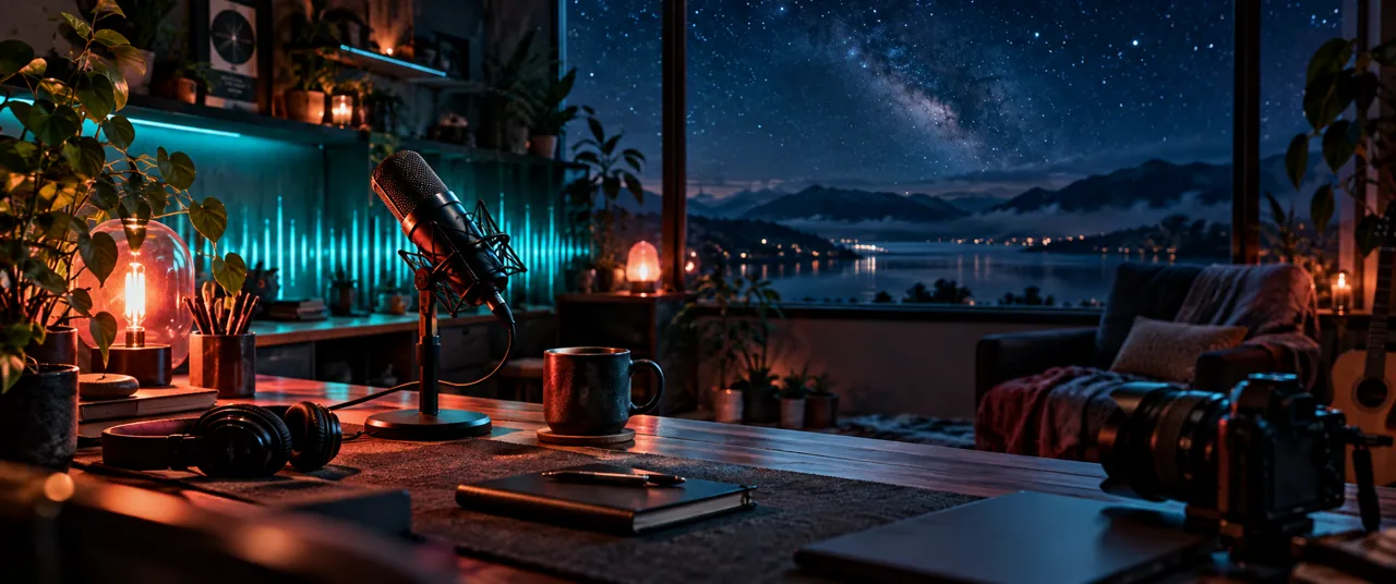 An inviting night-time studio with a microphone, camera and soft turquoise light.