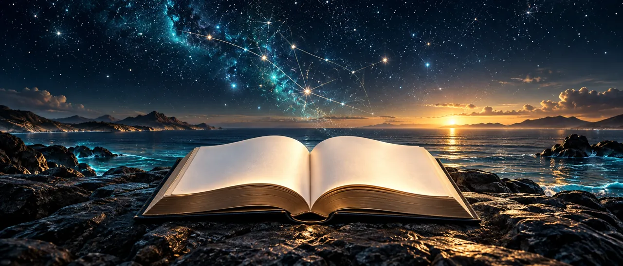 An open book beside the sea beneath connected stars and a warm dawn.
